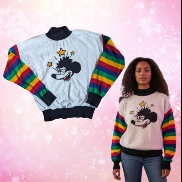 Forever 21 x Disney Retro Mickey Mouse Rainbow Sleeve Sweater L - Picture 6 of 6